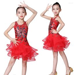 Stage Wear Children Costume Girl Latin Dress Mesh Sequins Performance Irregular Hem Clothes For Girls From 8 To 14 Years