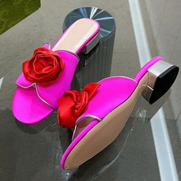Women Luxury Slippers Square Heel Rose Pink Dress Slippers Formal Ladies Satin Shoes Women Flower Sandals