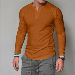 Men's T Shirts Pullover Button T-shirt Solid Colour Casual Round Neck Long Sleeve Tunic Bottom Tops M-3XL