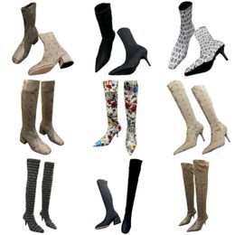 Boots luxury brand thigh-high boots classic women's knee boots letter print designer shoes stretch knitted fabric fashion boots sexy high heel boots pointed toe boots