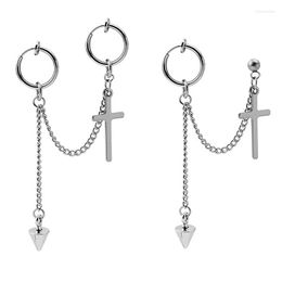 Dangle Earrings Cross Chain For Men Women Stainless Steel Gothic Punk Tassel Pointed Cone Kpop Ear Clip On Jewelry Girls Boys