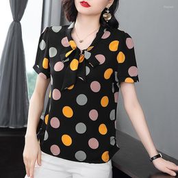 Women's Blouses 2023 Polka Dot Chiffon Blouse Women Bow-knot V Neck Short Sleeve Shirt Oversized Loose Black Lady Top Blusas Mujer De