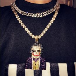 Fashion Iced Out Large Cartoon Clown Cosplay Pendant Necklace Mens Hip Hop Necklace Jewellery 76cm Gold Cuban Chain For Men Women2083