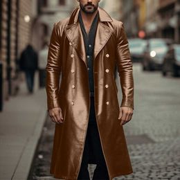 Men's windbreaker long leather double breasted leather jacket 1v