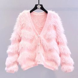 Womens Sweaters Sweater Cardigans Imitate Mink Wool Woman Top Autumn Winter Knitted Korean Pink Oversize Long Sleeve Elegance Sweet Casual Coat 231129