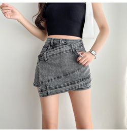 Skirts 2023 Fashion Denim Short Skirt Women High Waist Asymmetrical Bodycon Jean Mini Shorts Grey White Blue Black Jupe Femme2024