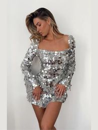 Basic Casual Dresses Elegant Square Neck Long Sleeve Sequins Dres Fashion High Waist Bodycon Mini Sexy Evening Party Prom Vestidos 231129
