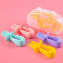 Cups Dishes Utensils 2pcs Baby Silicone Spoon Fork Candy Color Safety Baby Learning Spoon Non-Slip Fork Children Kids Boy Girl Soft Food Feeding Tool P230314