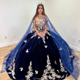 Marinblå quinceanera klänningar med varp 2024 utanför axeln veet sweet 16 klänning guld applicerad fjäril vestidos de 15 anos 322