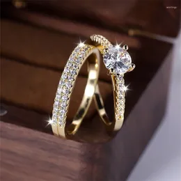 Cluster Rings 2pcs Classic Round Ring Set For Women Antique Gold Colour White Zircon Stacking Couple Bridal Wedding Bands Party Jewellery CZ