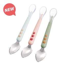 Cups Dishes Utensils Cartoon Baby Double-headed Silicone Food Supplement Spoon Children's Stainless Steel Fruit Scraping Mud Spoon Feeding Tableware P230314