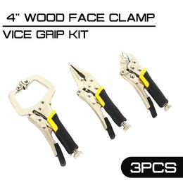 Tang 3pcs/set Plier 4'' Wood Face Clamp Vice Grip Kit Complete Locking C Type Clip Clamp Straight Needle Pliers Locking Self Grip