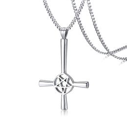 Large Silver Inverted Cross Occult Pentagram Necklace in Stainless Steel Satanic Gothic Satan Jewelry221P