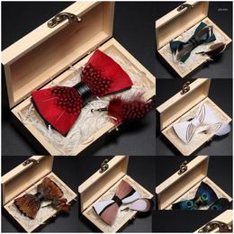 Bow Ties Ricnais Original Italy Design Bowtie Natural Brid Feather Exquisite Hand Made Men Tie Brooch Pin Wooden Gift Box Set Red Dr Dhkir