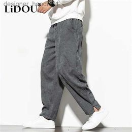 Men's Pants Spring Autumn New Solid Colour Vintage Corduroy Wide Leg Trousers Man Elastic Waist Pockets Casual All-match Pants Clothing L231129