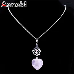 Pendant Necklaces Yoga Pink Crystal Lotus Necklace For Women Stainless Steel Heart Stone Sweater Chain Reiki Healing Jewelry Gift