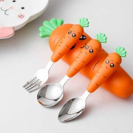 Cups Dishes Utensils Baby Tableware Kids Cutlery Set Utensil Stainless Steel Toddler Children Dinnerware Cartoon Infant Food Feeding Spoon Fork Set P230314