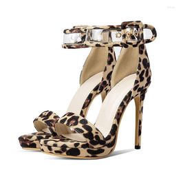 Sandals Summer Fashion Women Stiletto High Heels Cover Heel Leopard Pumps Open Toe Female Shoes PU Frosted Ankle Buckle Sandanls