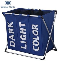 Organisation 3 Sections Dirty Clothes Laundry Basket Three Grid Waterproof Oxford Hamper Sorter Bag Aluminium Frame Home Office Storage Basket