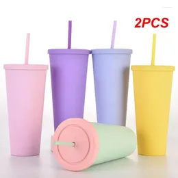 Mugs 2PCS Reusable Double Wall 700ml 710ml 24oz Pastel Color Plastic Cup Cold Tumbler With Straw And Lid