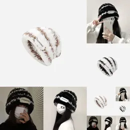 Berets Striped Plush Beanies Hat Winter Warm Faux Fur Knit Cap For Female Lady Korean Fluffy Windproof Bucket Hats Bonnet Gorras