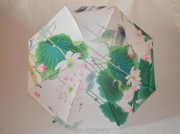 Ombrelli Inchiostro creativo per pittura a olio Doppio uso Pieghevole Ombrello retrò da donna con stampa digitale a colori di loto bello cinese