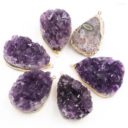 Pendant Necklaces Natural Raw Stone Gilt Edge Amethyst Water Drop Necklace Quartz Purple Crystal Cluster Healing Mineral Jewellery Gift 4Pcs