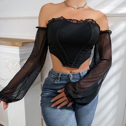 Women's Shapers Sexy Corset One Shoulder Square Neck Top Women's Mesh Perspective Splice Slim Fit Long Sleeve Body Shaper Chest Bodysuit