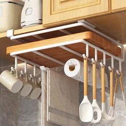 Pot Lid Holders Kitchen Cabinet Under Shelf Metal Cupboard Hanging Hooks Mug Cup Hanger Cutting Board Pot Cover Holder Towel Tissue Storage Rack 231129