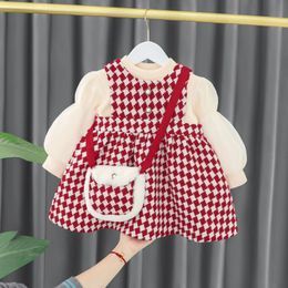 Girl's Dresses Kid Baby Girls Clothes Set Winter Warm Cotton Vest Dress TopSatchel Evening Gown Girls Princess Plaid Birthday Clothing 231129