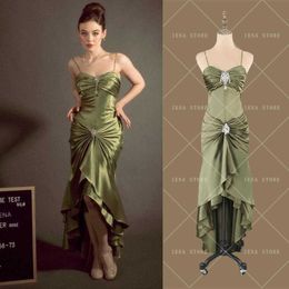 Party Dresses 14085#IENA Elegant Spaghetti Strap Vintage Olive Green Sweetheart Collar Crystal Button Pleat Taffeta Satin Prom Evening Dresses W0428