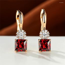 Hoop Earrings Cute Female Zircon Square Stone Luxury Crystal Red Vintage Rose Gold Colour Wedding For Women