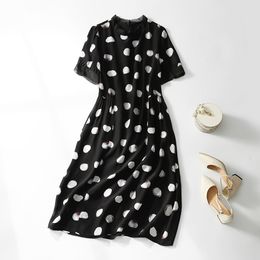 2023 Summer Black Polka Dot Print Panelled Organza Silk Dress Short Sleeve Round Neck Midi Casual Dresses C3A250107