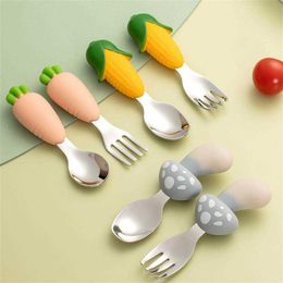 Cups Dishes Utensils Baby Cartoon Spoon Fork Silicone Short handle Tableware hildren Training Feeding Cutlery Stainless Steel Toddler Dinnerware P230314