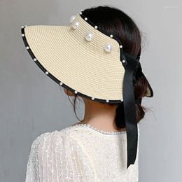 Wide Brim Hats Foldable Empty Top Straw For Women Summer White Imitation Pearl Beach Visor Caps UV Protction Adjustable Ribbon Sun Hat Eger2