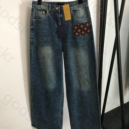 Leather Label Straight Denim Pants Women Wide Leg Jeans Triangle Blue High Waist Loose Denim Pants Brand Jeans