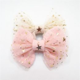 10pcs lot Fairy Girl Hair Bow Clip Gold Copper Star Pendant Light Pink Glitter Star Tulle Bow Knot Barrette Sweet Hairpin287w