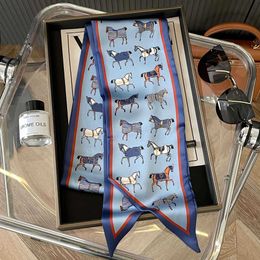 Scarves 2022 Horse Print Necklace Scarf Women Summer Silk Feeling Hand Bag Wrist Foulead Tie Kerchief Scarves Lady Luxury Design J230428