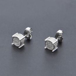 Hip Hop Iced Out Silver Lab Diamond Screw Back Stud Earring 3d Round Side CZ Simulated Jewelry252K