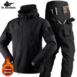 Mens Tracksuits Winter Waterproof Tactical Sets Men Outdoor Multipocket Hooded Bomber JacketArmy Cargo Pant 2 Pcs Suit Military Soft Shell Set 231129