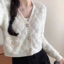 Womens Knits Tees EVNISI Women Velvet Loose Cardigan Sweater Button Up Sweet VNeck Warm Knitted Short Coat For Autumn Winter 231129