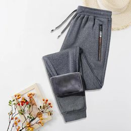 Men's Pants Adjustable Waist Sweatpants Autumn Winter Solid Color Windproof Fleece Lined Jogging Cozy Thicken
