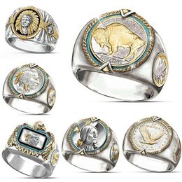 6Pcs lotsHip Hop Two-tone Men Band Rings Buffalo Nickel Honouring The American West Ethnic Style Jewellery Mens Ring Size 7-12188d