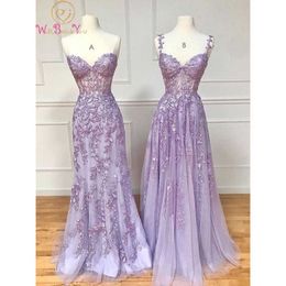 Party Dresses Lilac Evening Dresses 2023 Long Lace Appliques Crystal Mermaid Sweetheart Sweep Train Corset Back Sleeveless Prom Gowns Women W0428