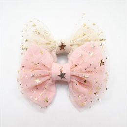 10pcs lot Fairy Girl Hair Bow Clip Gold Copper Star Pendant Light Pink Glitter Star Tulle Bow Knot Barrette Sweet Hairpin296t