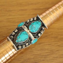 Cluster Rings RG348 Vintage Tibetan Superwide Finger Ring Nepal Handcrafted Copper Inlaid Natural Turquoises Stone Thumb