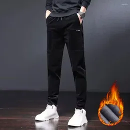 Men's Pants Men Autumn Winter Casual Elastic Waist Drawstring Corduroy Trousers Solid Thickened Fleece Lining Straight Fit Harem