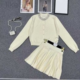 Two Piece Dress designer M Family's New Design Feeling Neckline Beaded Knitted Cardigan Top pleated skirt two-piece set for women 715L