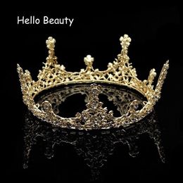 Gold Color Baroque Vintage Men Diadem Large Crystal Full Round Prom King Crown Wedding Pageant Queen Tiara Bridal Hair Jewelry Y19346T