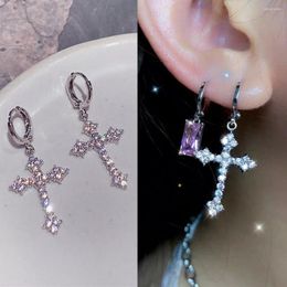 Hoop Earrings 2023 Cool Pink Rhinestone Zircon Cross For Women Korean Fashion Earring Daily Birthday Party Jewellery Gifts